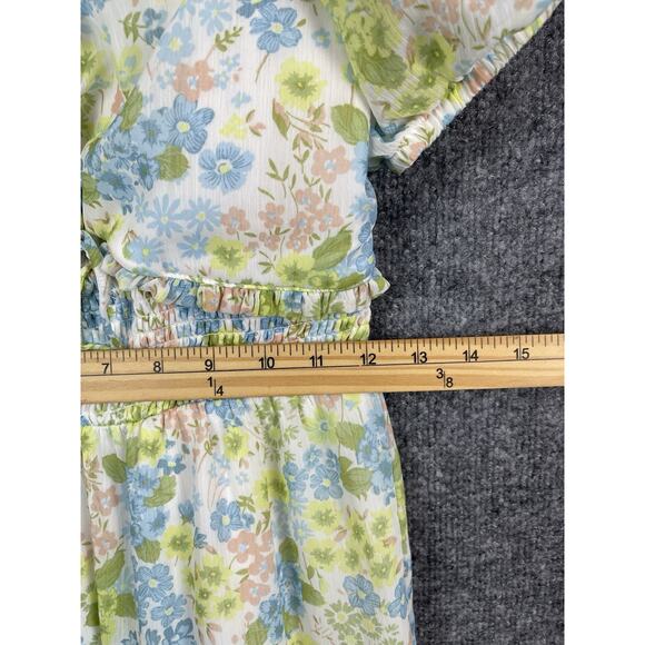 Maden NYC Junior's Green and Blue Floral Smocked Cut-out Mini Dress Puff Sleeve - Picture 5 of 12